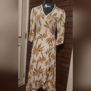 EsQualo Palm Print Wrap Dress Ivory Brown Midi High-Low Hem Belted Summer Resort